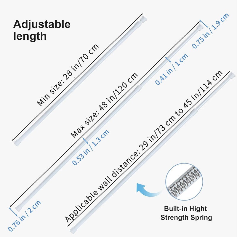 Goowin 6Pcs Tension Rod, Goowin Tension Rods for Windows, No Drilling Rustproof Spring Adjustable Tension Curtain Rod for Doors, Windows, Wardrobe Bars, Drying Support Rods (White, 28-48 inch) - Image 3